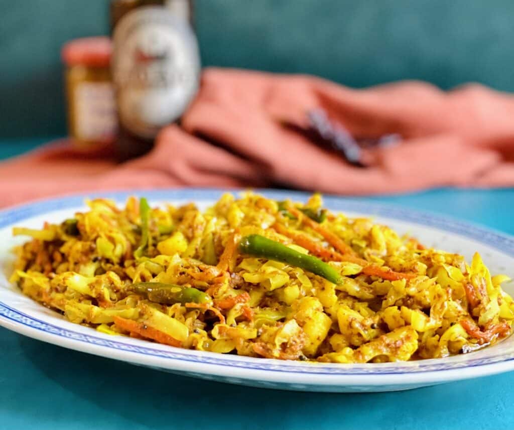 Mauritian Vegetable Achard on oval Chinese blue dragon plate.