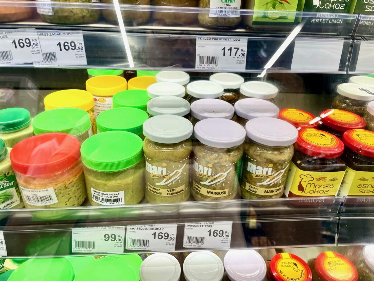 Mazavaroo chili paste jars at Winners supermarket in Port Louis.