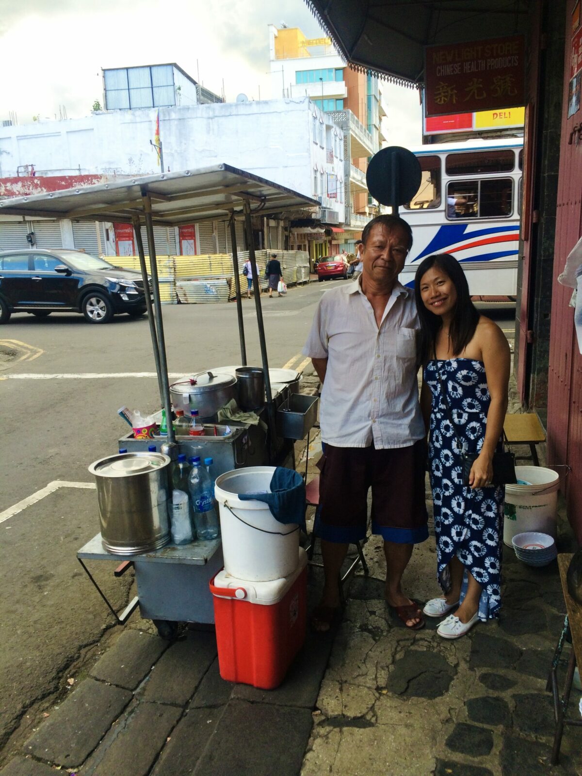 Marchand boulettes - Mr. Arthur (aka Gros Piti) and me in front of boulettes steamers and cart.