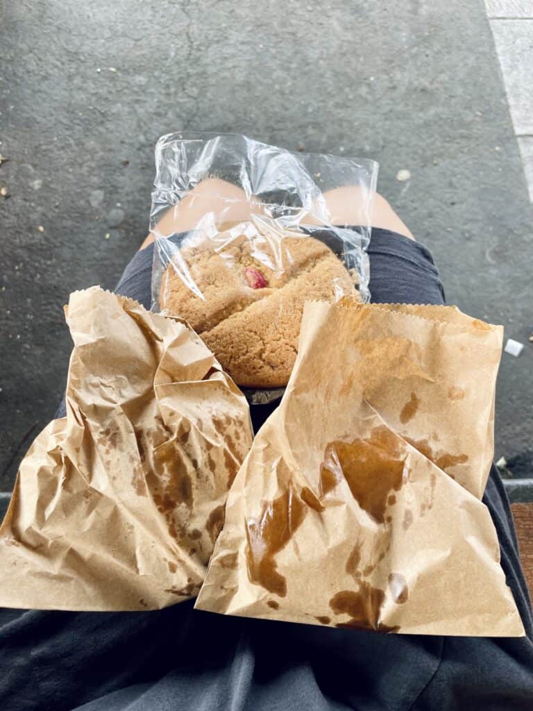 Nankatai and savory treats in brown paper bags from Patisserie Nabeel.