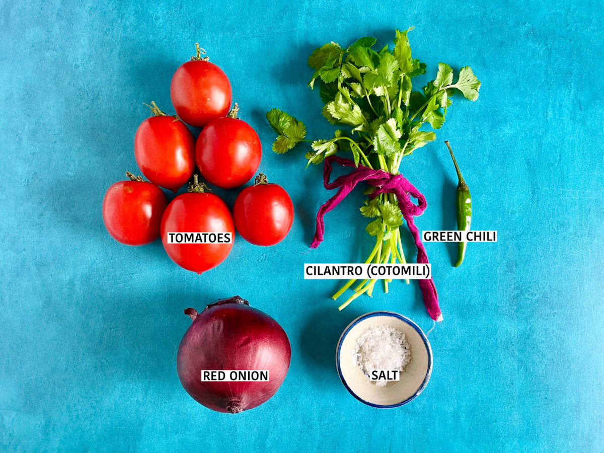 Ingredients for Mauritian tomato chutney (or tomato salad): Roma tomatoes, whole red onion, bunch of fresh coriander leaves (cilantro), salt and green chili.